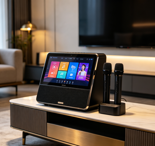 Compact Desktop Smart Karaoke Speaker with AI Voice Song Request, Portable All-in-One Karaoke Machine with Dual Microphone Inputs, HiFi Stereo Sound for Home Entertainment, Small Parties & Bedroom Use